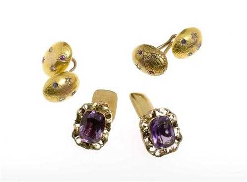 Appraisal: TWO PAIRS OF GOLD AND GEMSTONE CUFFLINKS ca Yellow gold