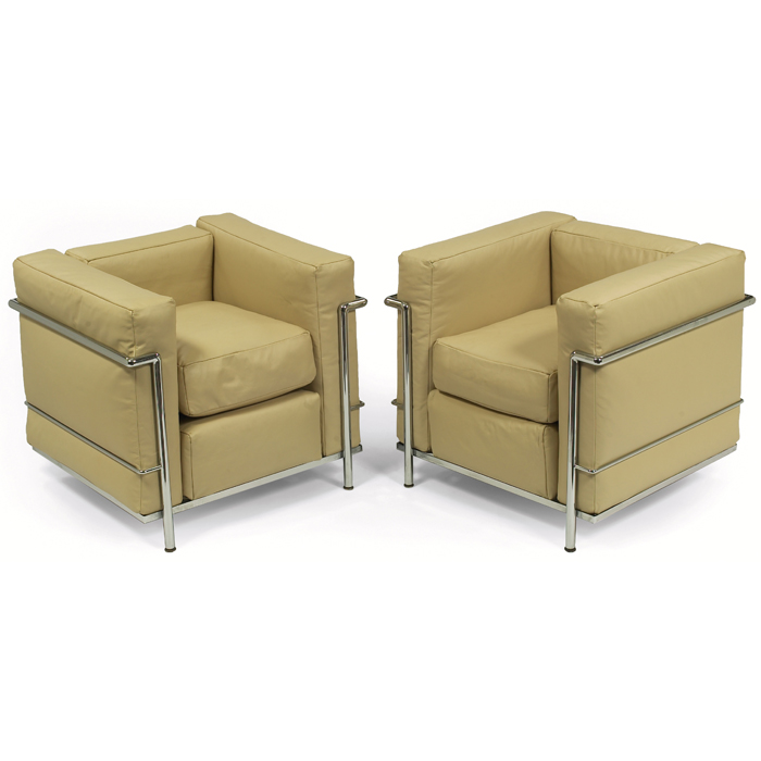 Appraisal: Le Corbusier LC chairs pair cream-colored leather