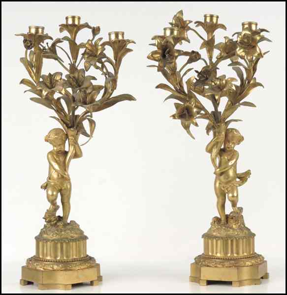 Appraisal: PAIR OF CONTINENTAL GILT BRONZE THRE-LIGHT CANDELABRA Height '' Condition