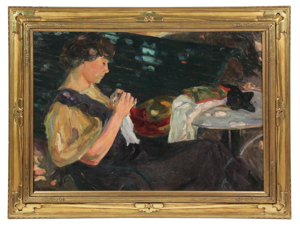 Appraisal: PARIS POST-IMPRESSIONIST SCHOOL Woman Sewing at Outdoor Cafe Table likely