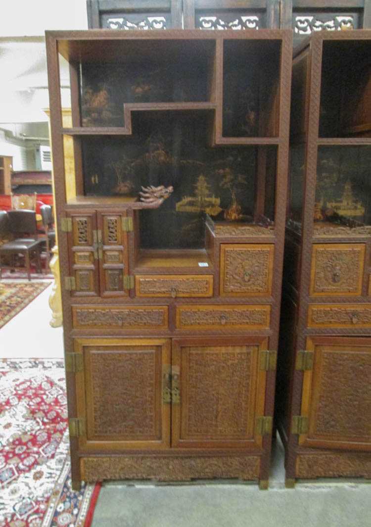 Appraisal: CARVED TEAK DISPLAY ETAGERE ON CABINET Chinese early th century