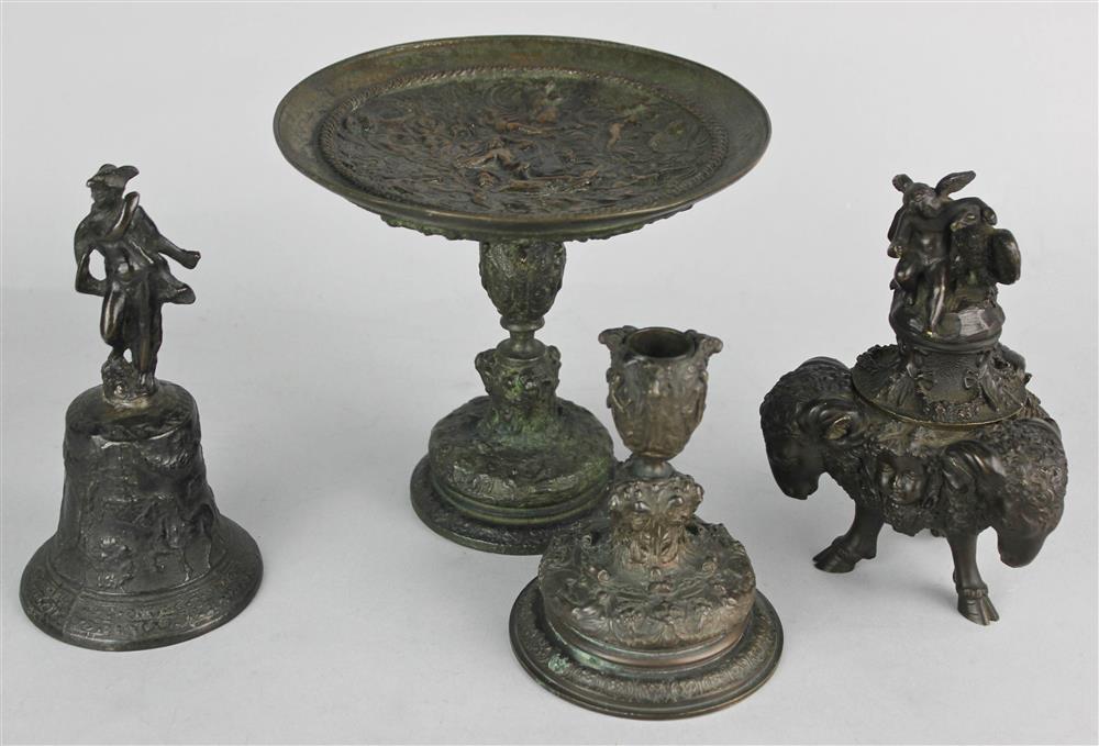 Appraisal: RENAISSANCE REVIVAL CANDLESTICK TAZZA INKWELL AND BELL WITH FIGURAL HANDLE