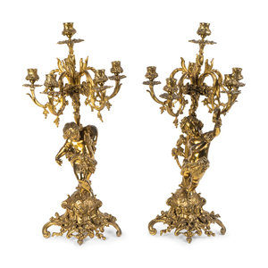 Appraisal: A Pair of Rococo Style Brass Figural Candelabra Height inches