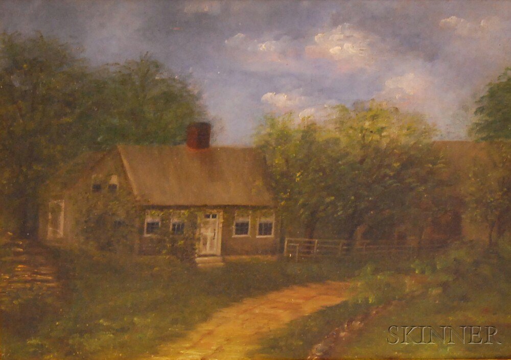 Appraisal: American School th Century Farmhouse Scene Unsigned Oil on canvas