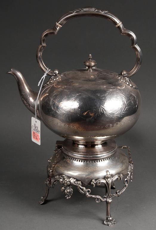 Appraisal: Victorian Sheffield silver-plated tilting hot water kettle mid- th Century