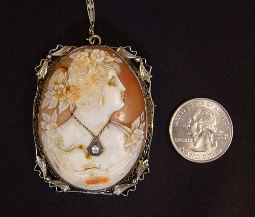 Appraisal: LARGE K CAMEO BROOCH NECKLACE Carved shell cameo framed in