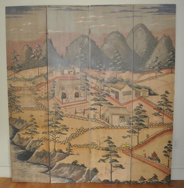 Appraisal: Four Part Asian Design Decorated Folding Screen in the Japanese