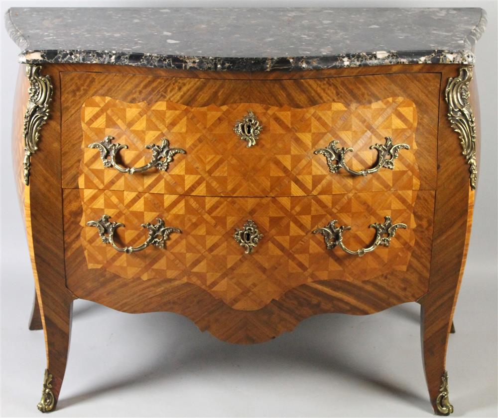 Appraisal: LOUIS XV STYLE PARQUETRY FRUITWOOD BOMBE SHAPED COMMODE WITH BLACK