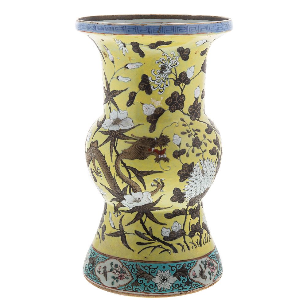 Appraisal: Chinese Export Famille Jaune Ku Form Vase Circa having gilt