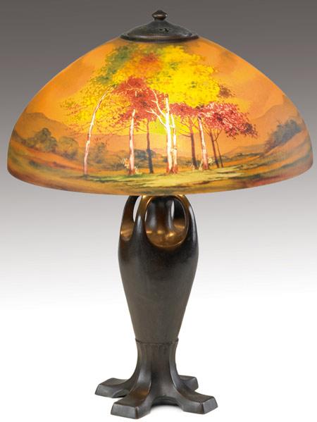 Appraisal: HANDEL Table lamp with chipped glass shade reverse-painted with a