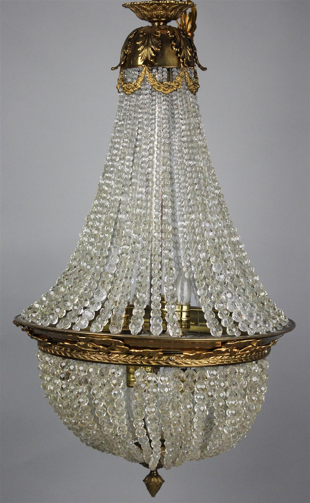 Appraisal: FRENCH LARGE BEADED BASKET AND GILT BRONZE SIX LIGHT CHANDELIER