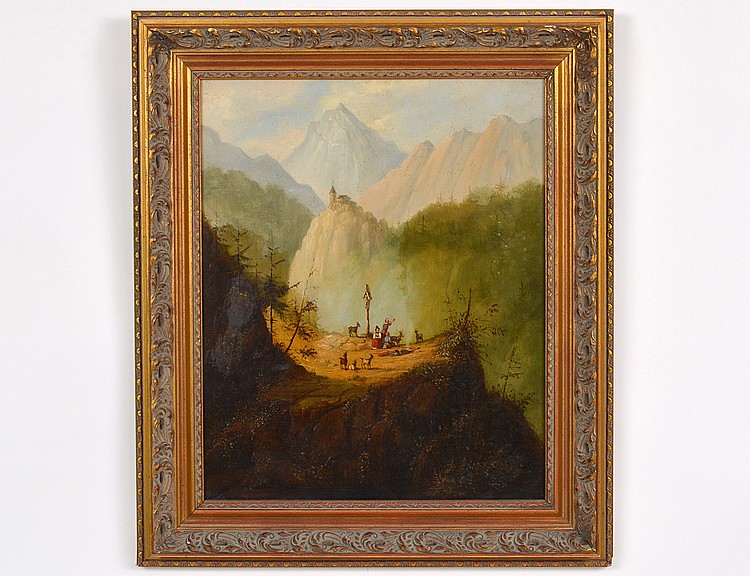 Appraisal: CONTINENTAL SCHOOL TH CENTURY Mountain Scene with Travelers Resting with