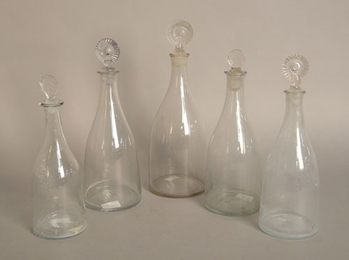 Appraisal: Five colorless glass decanters th c h - tallest