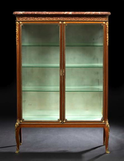 Appraisal: Louis XVI-Style Gilt-Brass- and Copper-Mounted Mahogany and Marble-Top Vitrine early