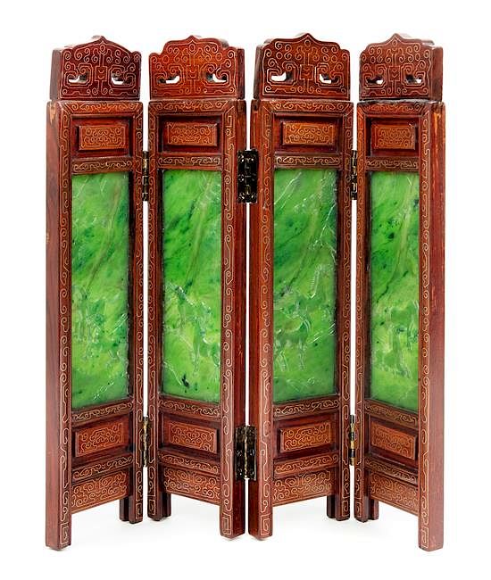 Appraisal: A Spinach Jade Inset Silver Wire Inlaid Hardwood Table Screen