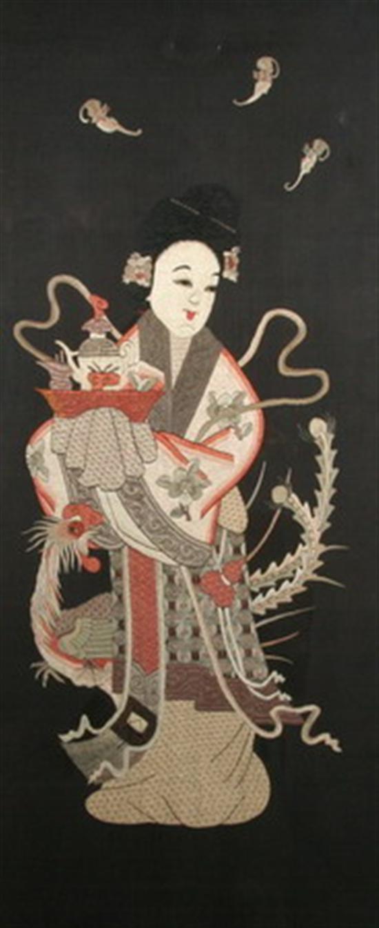 Appraisal: CHINESE SILK EMBROIDERY OF A WOMAN HOLDING AN OFFERING Framed