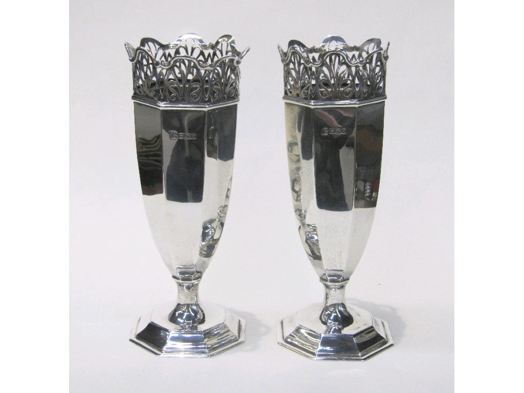 Appraisal: Pair of silver vases with pierced rims Sheffield