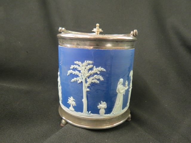 Appraisal: Wedgwood Dark Blue Jasperware Biscuit Jar classical figures silverplate trim