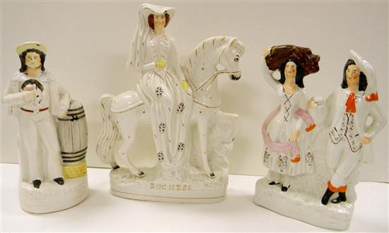 Appraisal: Three pieces of th C Staffordshire female figure on horseback