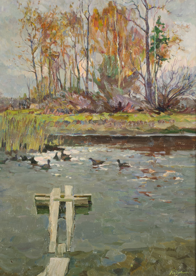 Appraisal: RUSSIAN OIL ON CANVAS landscape with duck pond and trees