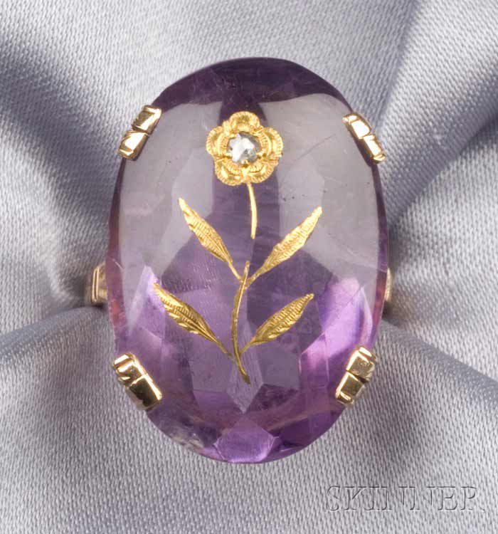 Appraisal: Antique kt Gold Amethyst and Diamond Ring the mixed-cut oval