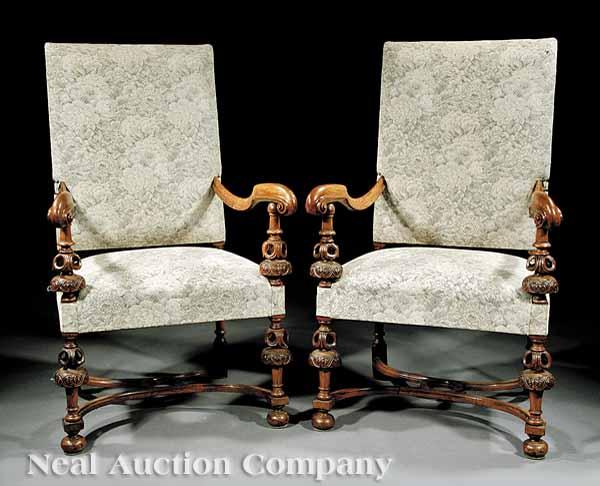 Appraisal: A Pair of Louis XIII-Style Carved Oak Armchairs c tall