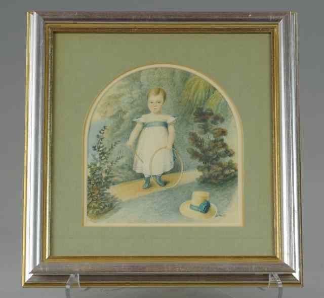 Appraisal: CHILD WITH HOOP TOY WATERCOLOR Early portrait piece child holds