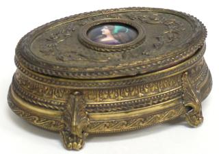 Appraisal: French Brass Enamel Trinket Box Central enamel roundel of a