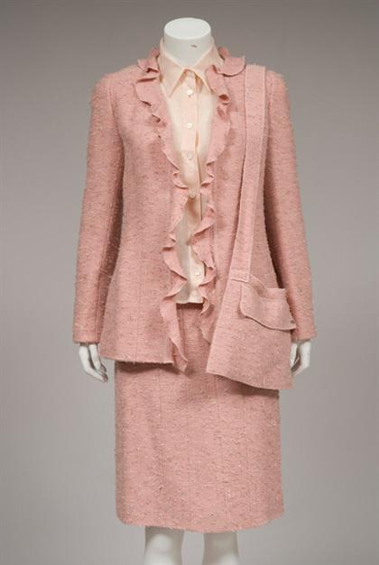 Appraisal: Pink tweed Chanel ruffled jacket and skirt fall Open-front blazer