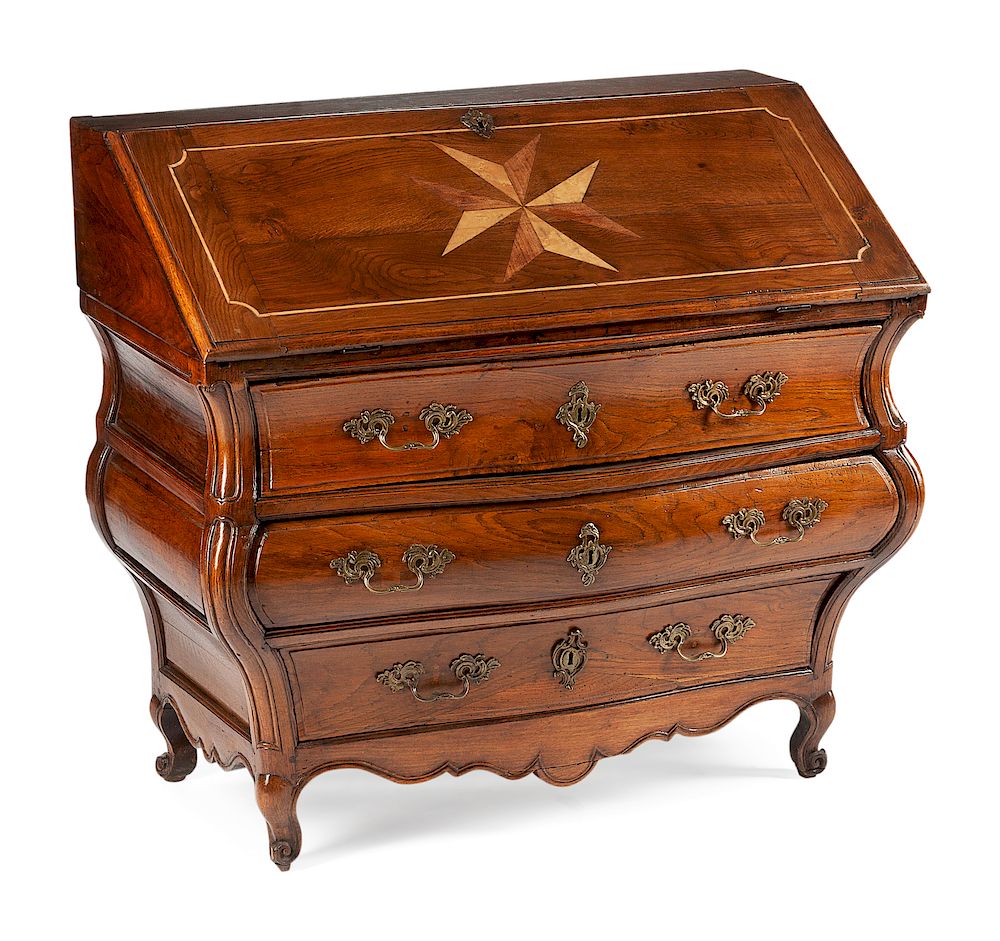 Appraisal: A Louis XV Provincial Slant-Front Bombe Desk A Louis XV