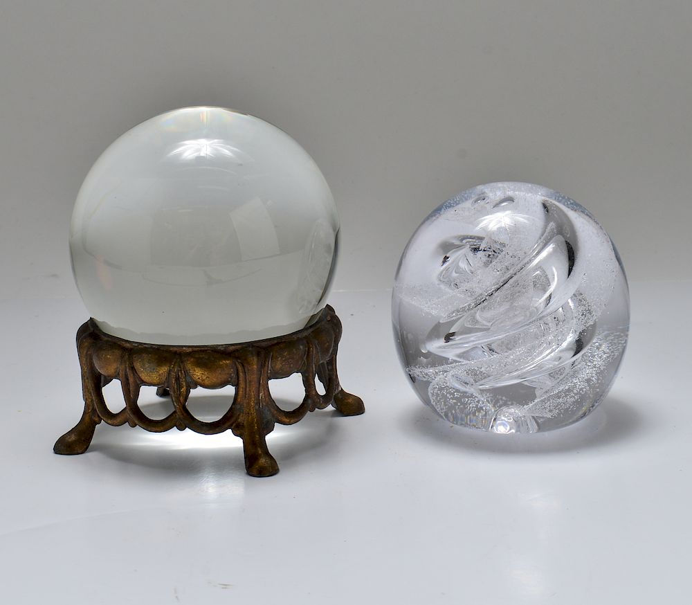 Appraisal: Art Glass Paperweight Crystal Ball on Stand Contemporary English art