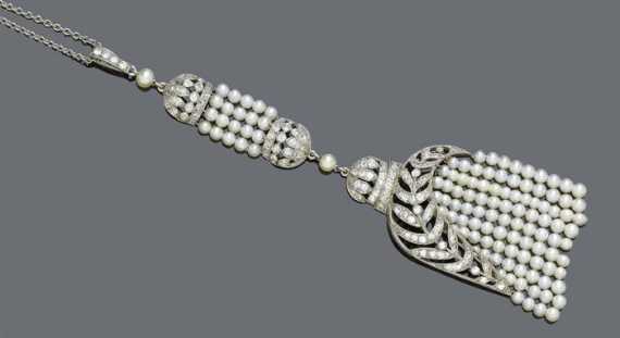 Appraisal: DIAMOND AND PEARL PENDANT WITH CHAIN ca Platinum Enchanting pendant