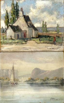 Appraisal: M Wolcott Landscape with Cottage and Figure Oil on masonite