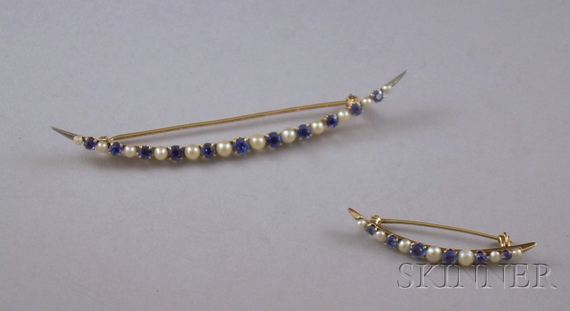 Appraisal: Pair of kt Gold Seed Pearl and Gemstone Crescent Brooches