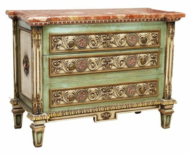 Appraisal: Italian paint decorated commode th c shaped marble top polychrome