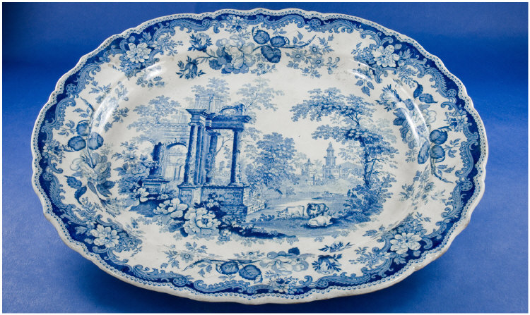 Appraisal: Large Blue And White Meat Platter Titled Athens To Reverse