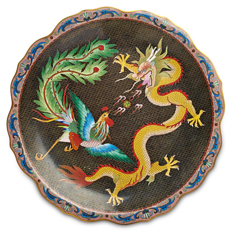 Appraisal: CHINESE CLOISONNE Charger depicting scene of phoenix and dragon Unmarked