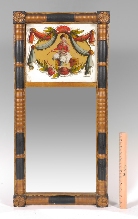 Appraisal: TH CENTURY REVERSE PAINTED MIRROR Paint decorated frame with turned