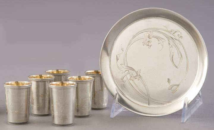 Appraisal: Charming Seven-Piece Russian Silver and Silver-Gilt Vodka Set first quarter