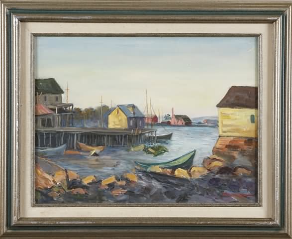 Appraisal: Harbor scene with boats and house at water's edge oil