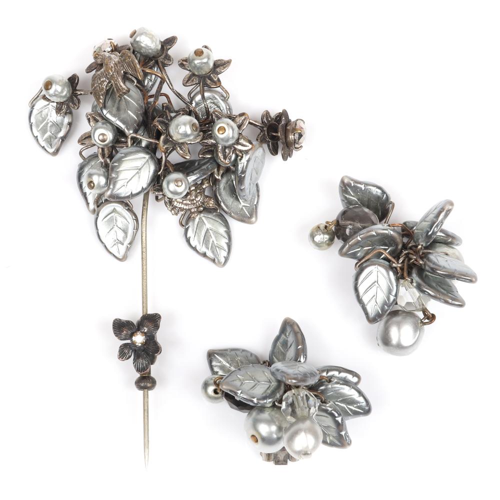 Appraisal: MIRIAM HASKELL STICK PIN AND EARRING SET WITH DANGLING FAUX