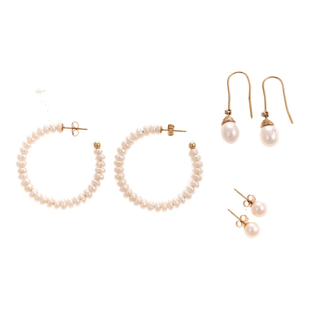 Appraisal: A Trio of Pearl Earrings in K Gold K yellow