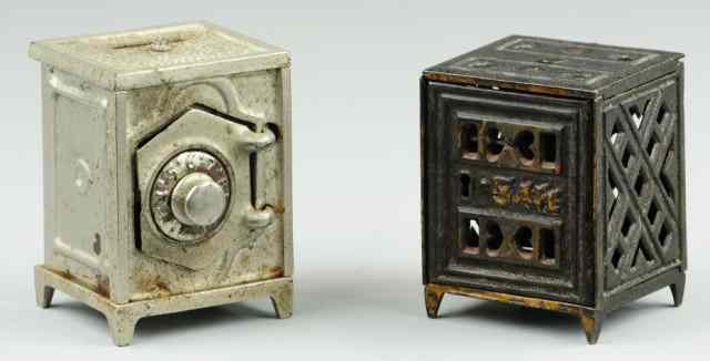 Appraisal: HEXAGON AND SAFE STILL BANKS Cast iron features silver painted