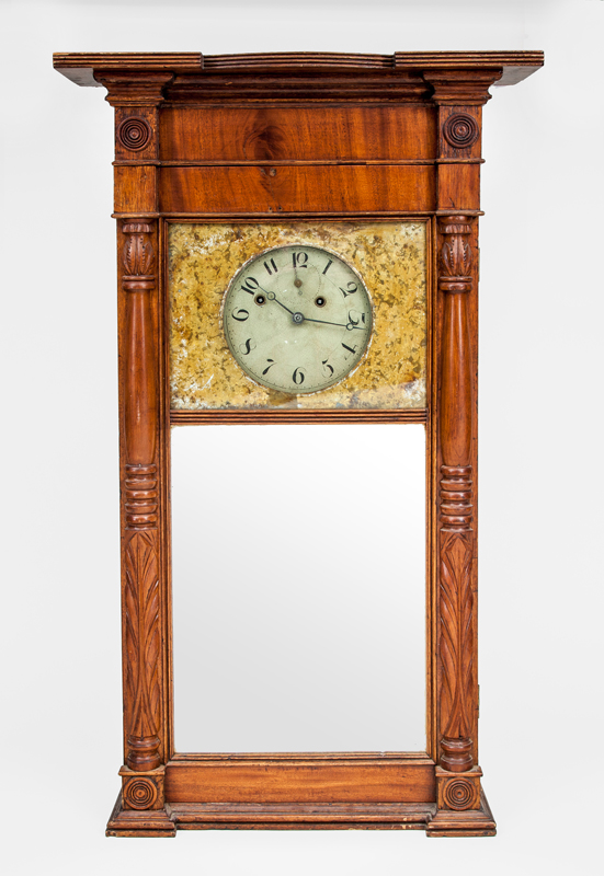 Appraisal: LATE FEDERAL MAHOGANY MIRRORED SHELF CLOCK With paper label 'A