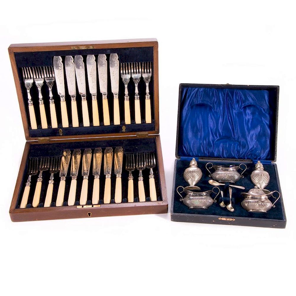 Appraisal: A th century spice set and horn handled cutlery set