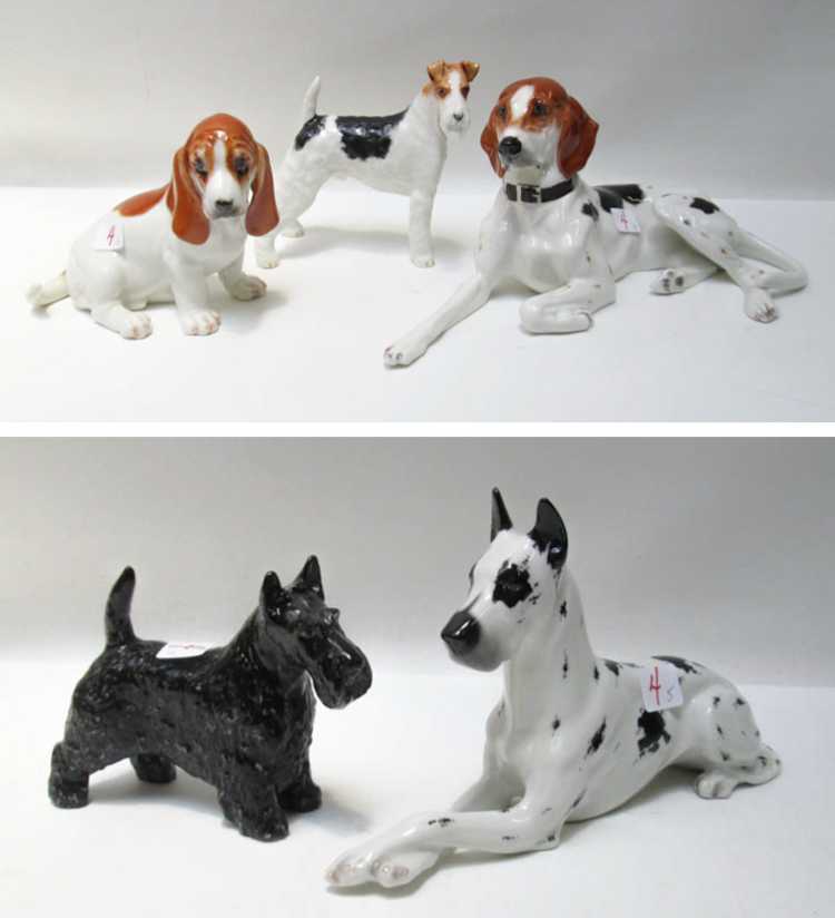 Appraisal: FIVE BOEHM PORCELAIN DOG SCULPTURES including models of a Great