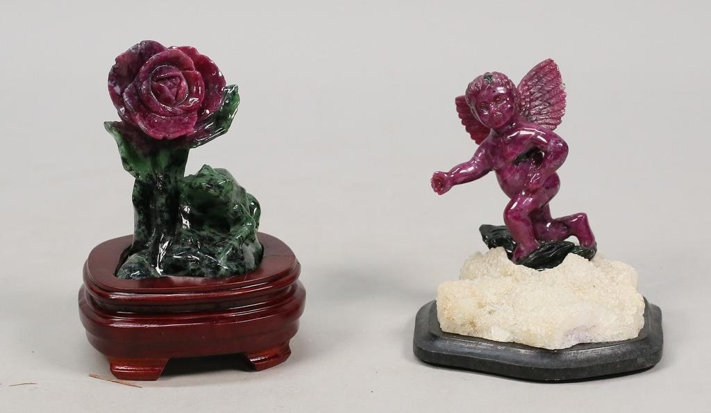 Appraisal: RUBY ZOISITE ROSE AND CHERUB pieces carved ruby in zoisite