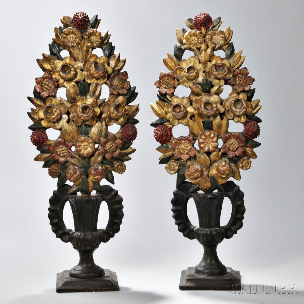 Appraisal: Pair of Polychrome and Giltwood Floral Bouquets with Urns Continental