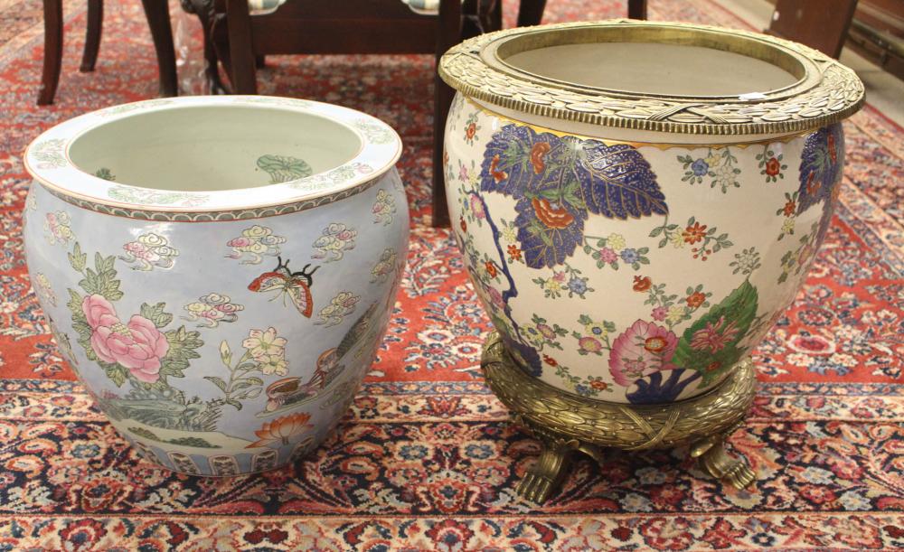 Appraisal: TWO CHINESE EXPORT PORCELAIN 'FISHBOWL' PLANTERS one fitted with cast