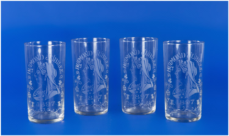 Appraisal: Set of Four Glass Commemorative Tumblers with Acid Etched Pictures